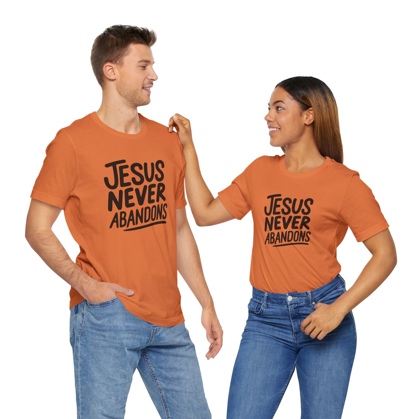 Inspirational Christian Tee - 'Jesus Never Abandons' Unisex Jersey Short Sleeve Shirt