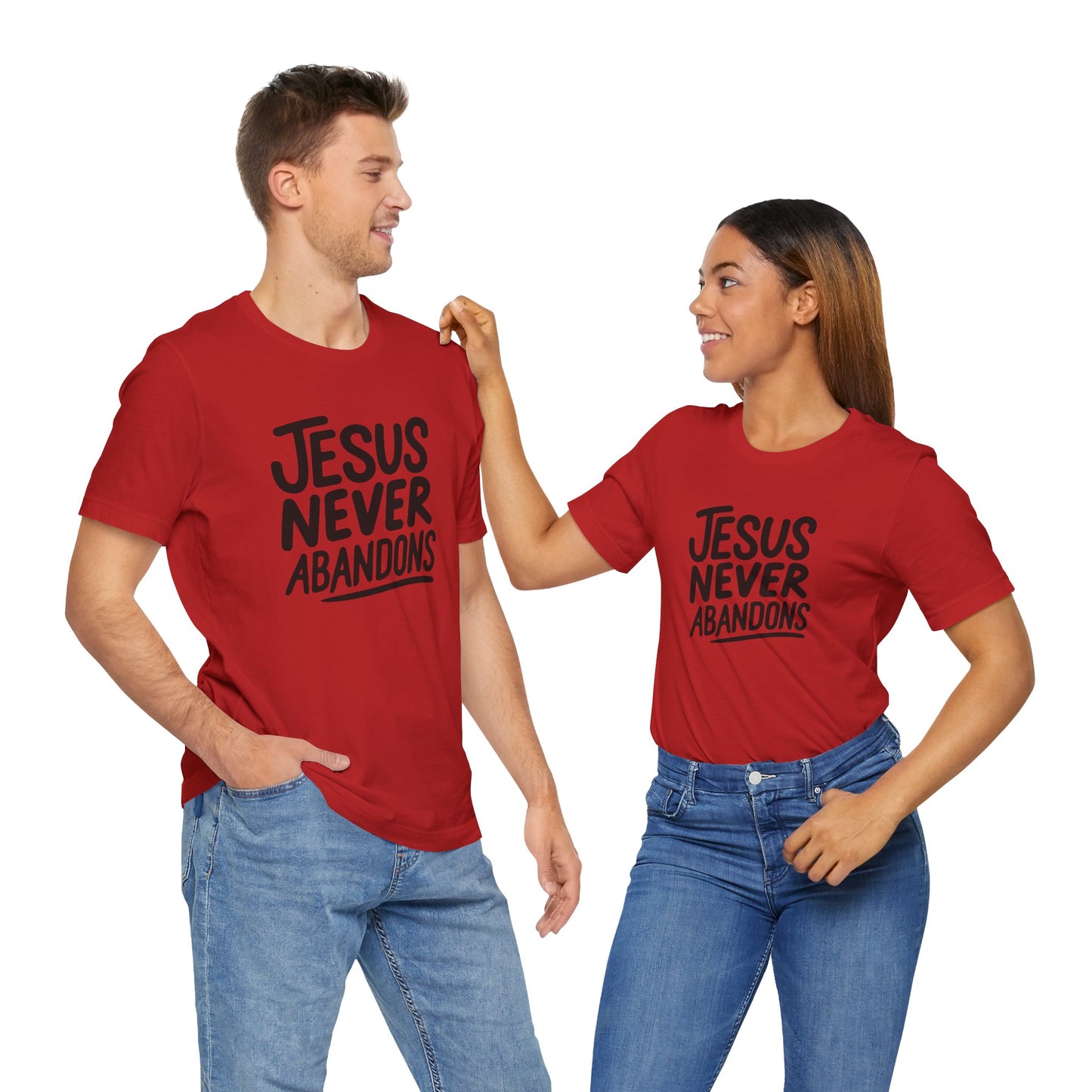 Inspirational Christian Tee - 'Jesus Never Abandons' Unisex Jersey Short Sleeve Shirt