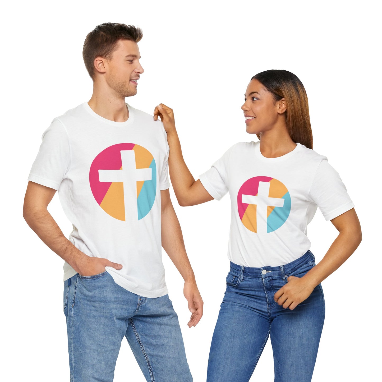 Faith-Inspired Unisex Short Sleeve Tee with Colorful Cross Design