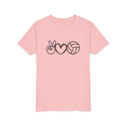 Youth Volleyball Peace Love Tee, Kids Sports Shirt, Fun Gift for Athletes, Summer Camp Apparel