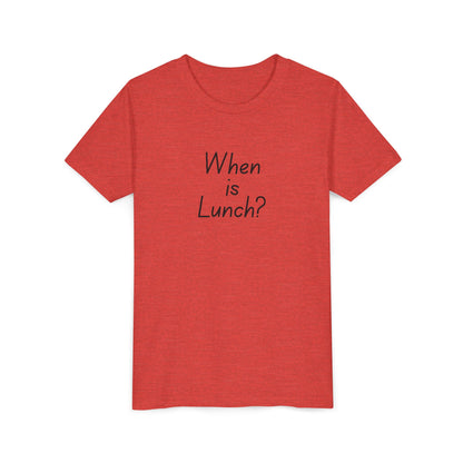 Youth Short Sleeve Tee - When is Lunch?, Funny Kids Shirt, Gift for Boys/Girls, Casual Wear, Birthday Party Tee, School T-Shirt