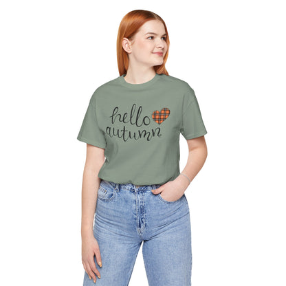 Autumn Vibes Tee - Hello Autumn Short Sleeve Shirt for Fall, Casual Wear, Gift for Her, Seasonal Fashion, Comfortable Everyday Tee