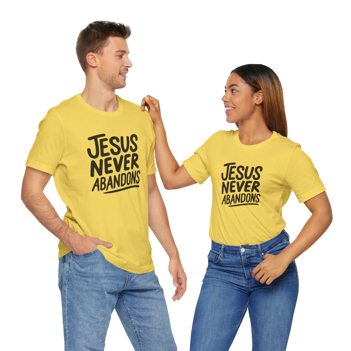 Inspirational Christian Tee - 'Jesus Never Abandons' Unisex Jersey Short Sleeve Shirt