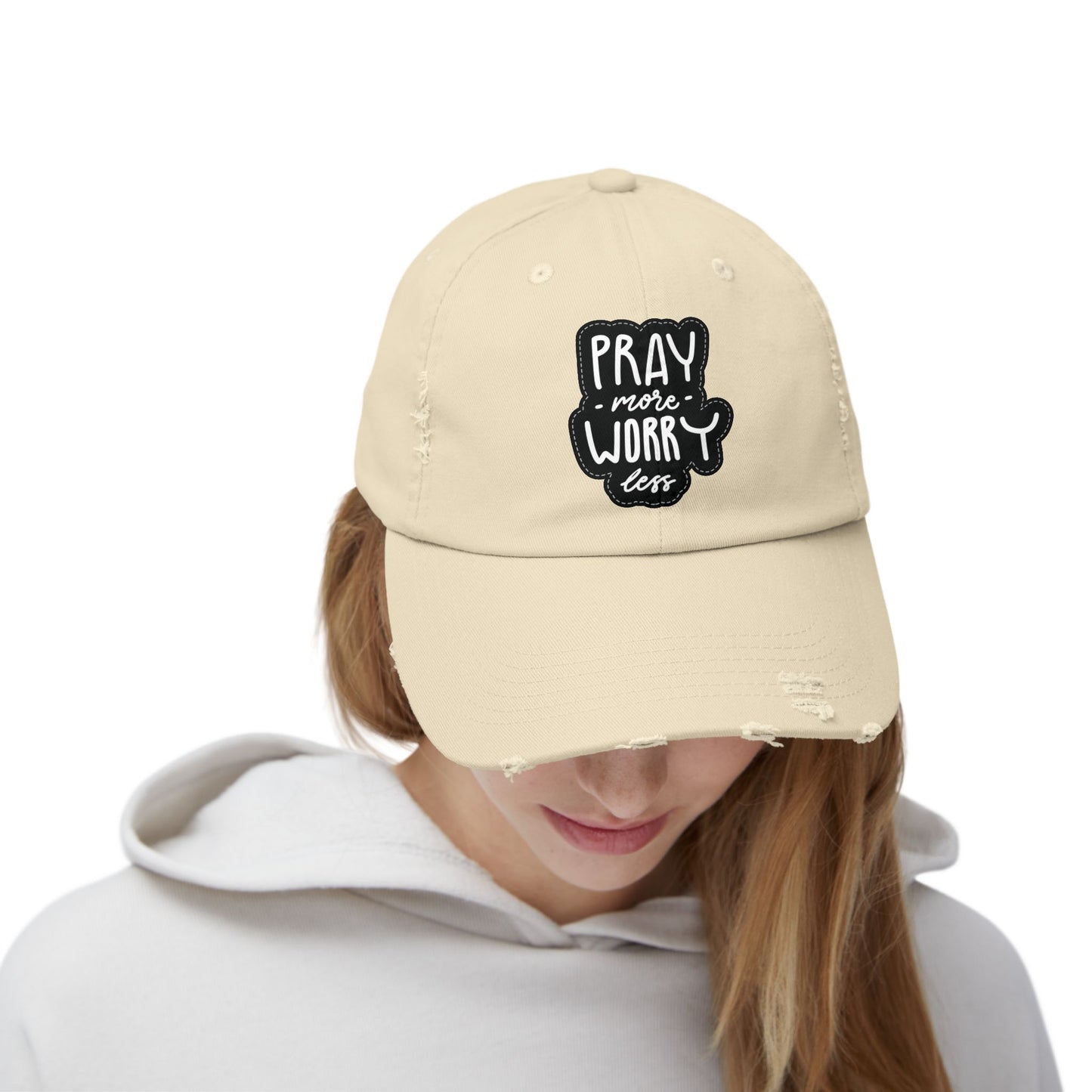 Unisex Distressed Cap - "Pray More Worry Less" Inspirational Hat