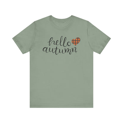 Autumn Vibes Tee - Hello Autumn Short Sleeve Shirt for Fall, Casual Wear, Gift for Her, Seasonal Fashion, Comfortable Everyday Tee
