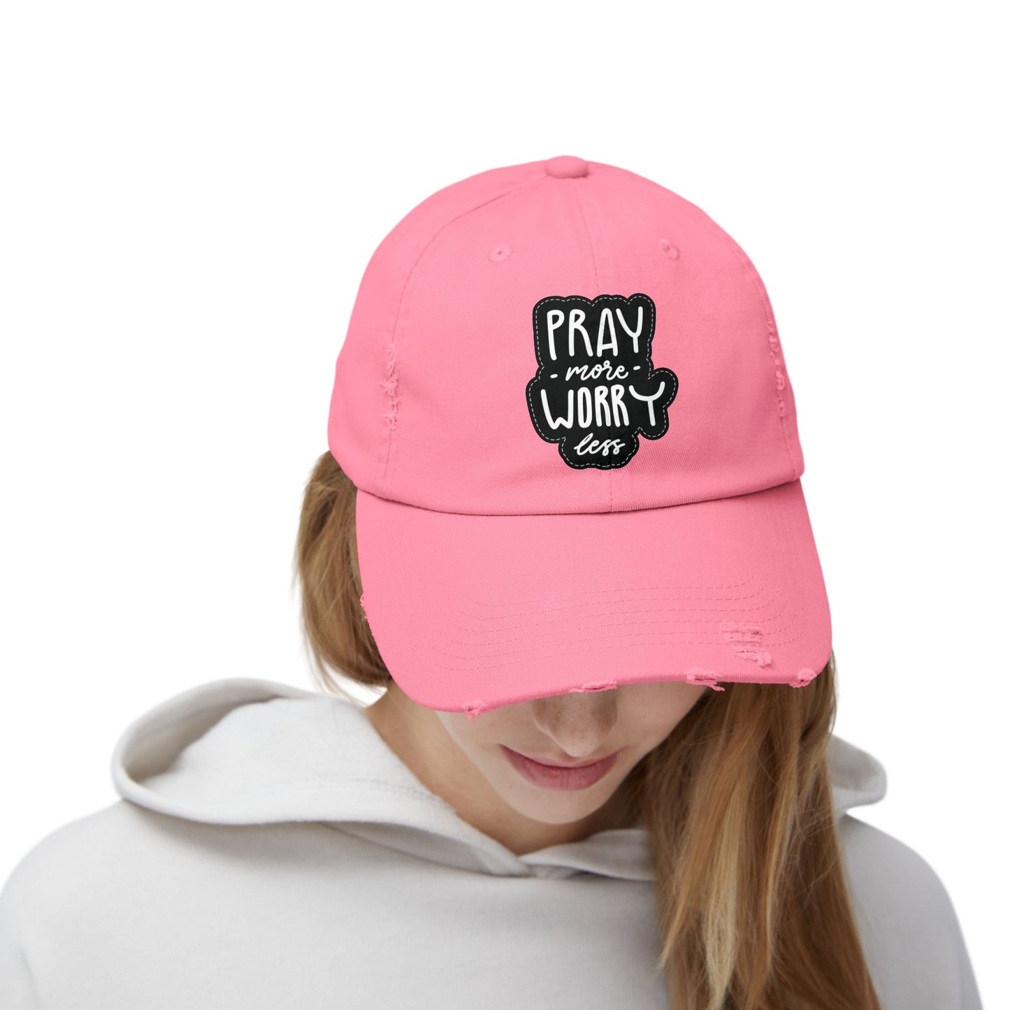 Unisex Distressed Cap - "Pray More Worry Less" Inspirational Hat