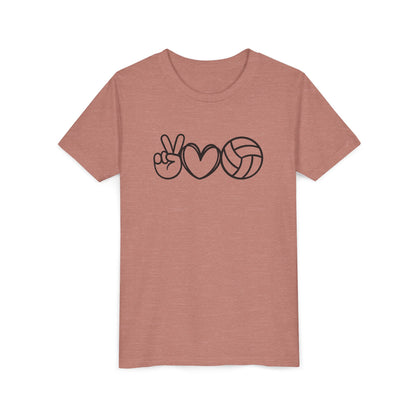 Youth Volleyball Peace Love Tee, Kids Sports Shirt, Fun Gift for Athletes, Summer Camp Apparel