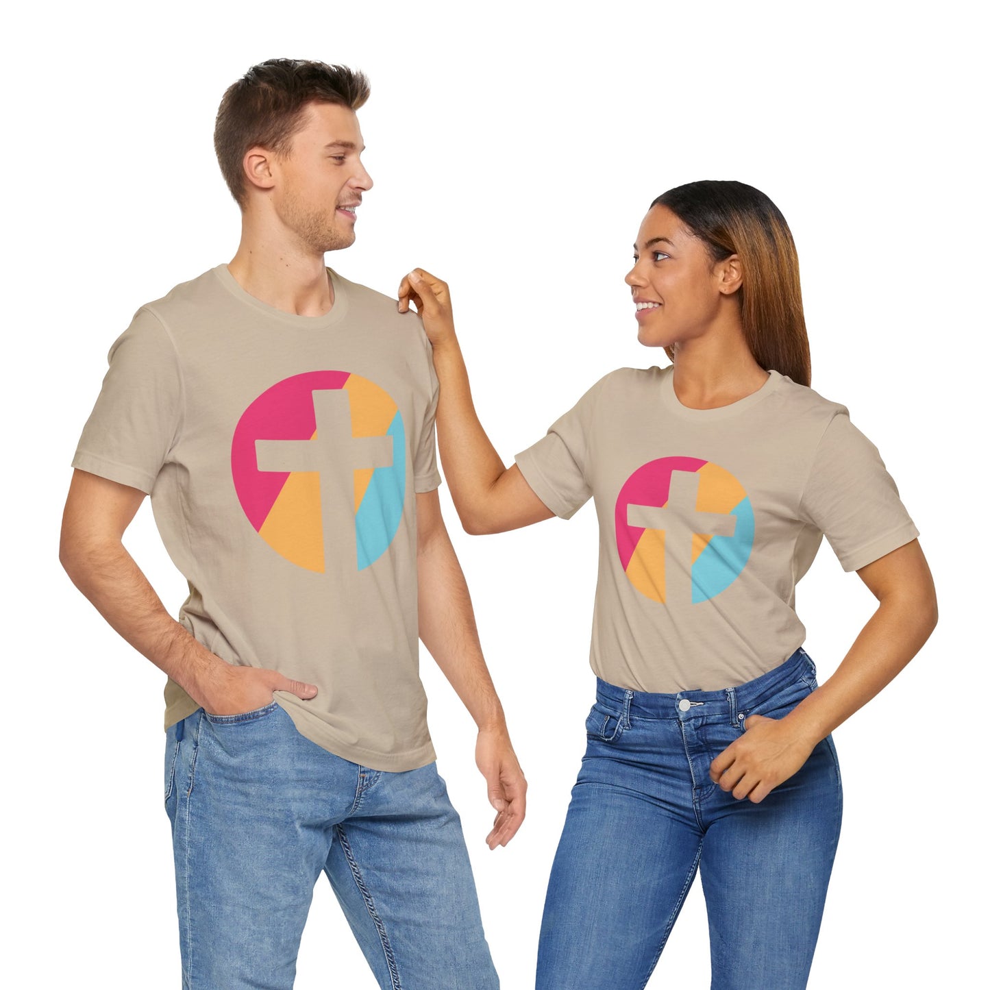 Faith-Inspired Unisex Short Sleeve Tee with Colorful Cross Design