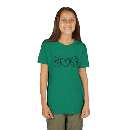 Youth Volleyball Peace Love Tee, Kids Sports Shirt, Fun Gift for Athletes, Summer Camp Apparel