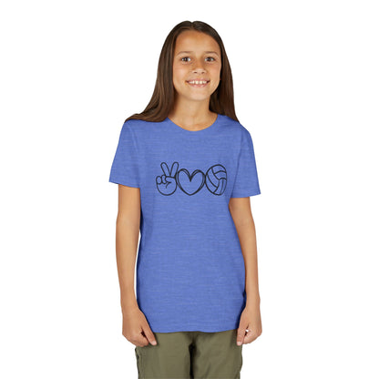 Youth Volleyball Peace Love Tee, Kids Sports Shirt, Fun Gift for Athletes, Summer Camp Apparel