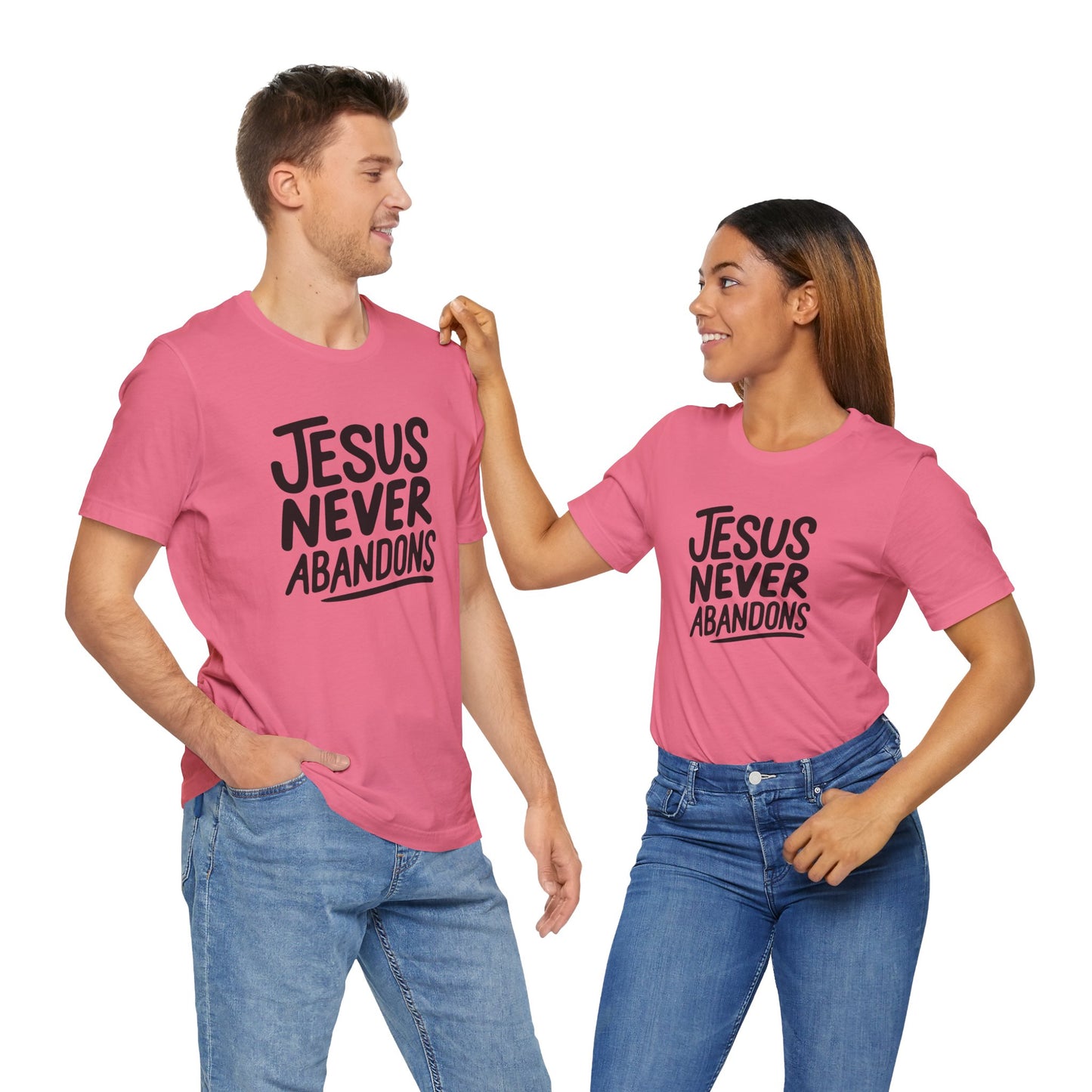 Inspirational Christian Tee - 'Jesus Never Abandons' Unisex Jersey Short Sleeve Shirt