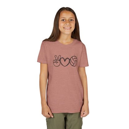 Youth Volleyball Peace Love Tee, Kids Sports Shirt, Fun Gift for Athletes, Summer Camp Apparel
