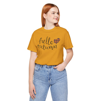 Autumn Vibes Tee - Hello Autumn Short Sleeve Shirt for Fall, Casual Wear, Gift for Her, Seasonal Fashion, Comfortable Everyday Tee