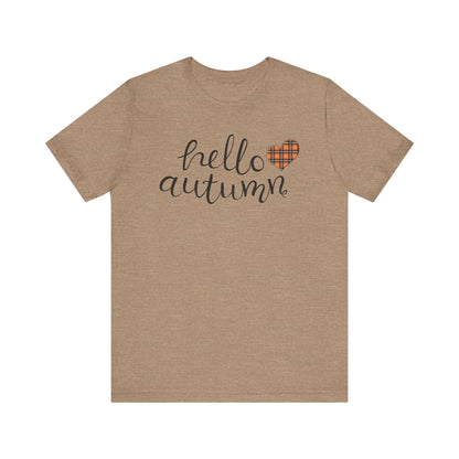 Autumn Vibes Tee - Hello Autumn Short Sleeve Shirt for Fall, Casual Wear, Gift for Her, Seasonal Fashion, Comfortable Everyday Tee
