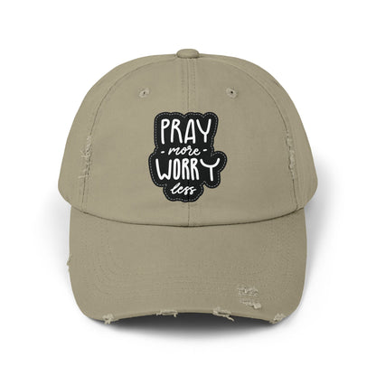 Unisex Distressed Cap - "Pray More Worry Less" Inspirational Hat