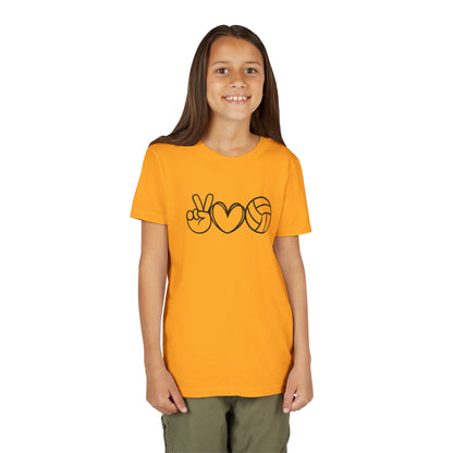 Youth Volleyball Peace Love Tee, Kids Sports Shirt, Fun Gift for Athletes, Summer Camp Apparel