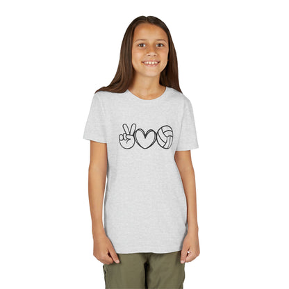 Youth Volleyball Peace Love Tee, Kids Sports Shirt, Fun Gift for Athletes, Summer Camp Apparel