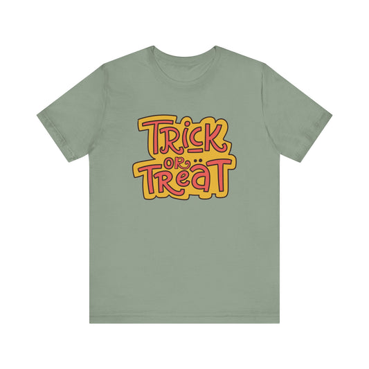 Halloween Trick or Treat Tee, Jersey Short Sleeve Tee, Fall Fashion, Halloween Party Shirt, Casual Wear, Spooky Season Tee
