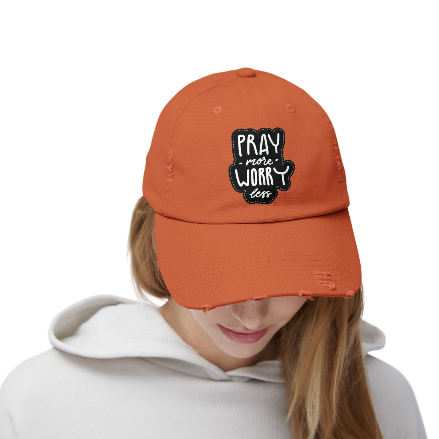 Unisex Distressed Cap - "Pray More Worry Less" Inspirational Hat