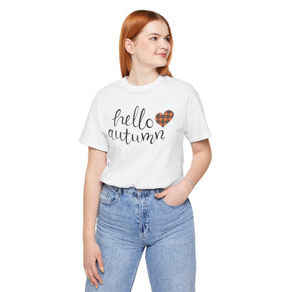 Autumn Vibes Tee - Hello Autumn Short Sleeve Shirt for Fall, Casual Wear, Gift for Her, Seasonal Fashion, Comfortable Everyday Tee