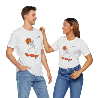 Skateboard Skeleton Tee, Cool Graphic T-Shirt, Unisex Halloween Shirt, Gift for Skate Lovers, Vintage Style Jersey Tee