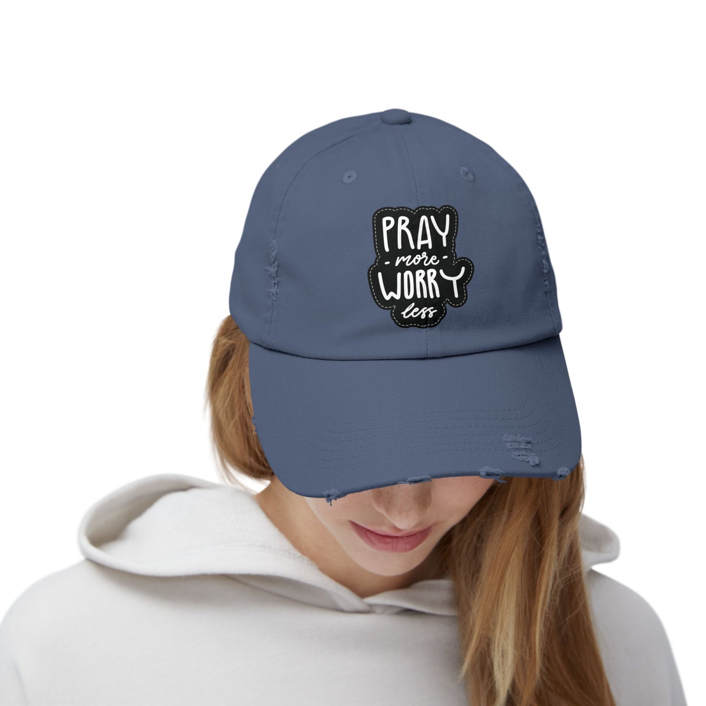 Unisex Distressed Cap - "Pray More Worry Less" Inspirational Hat
