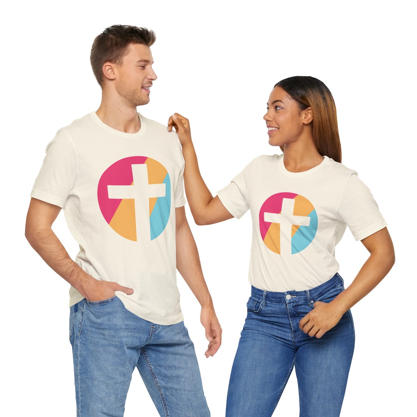 Faith-Inspired Unisex Short Sleeve Tee with Colorful Cross Design