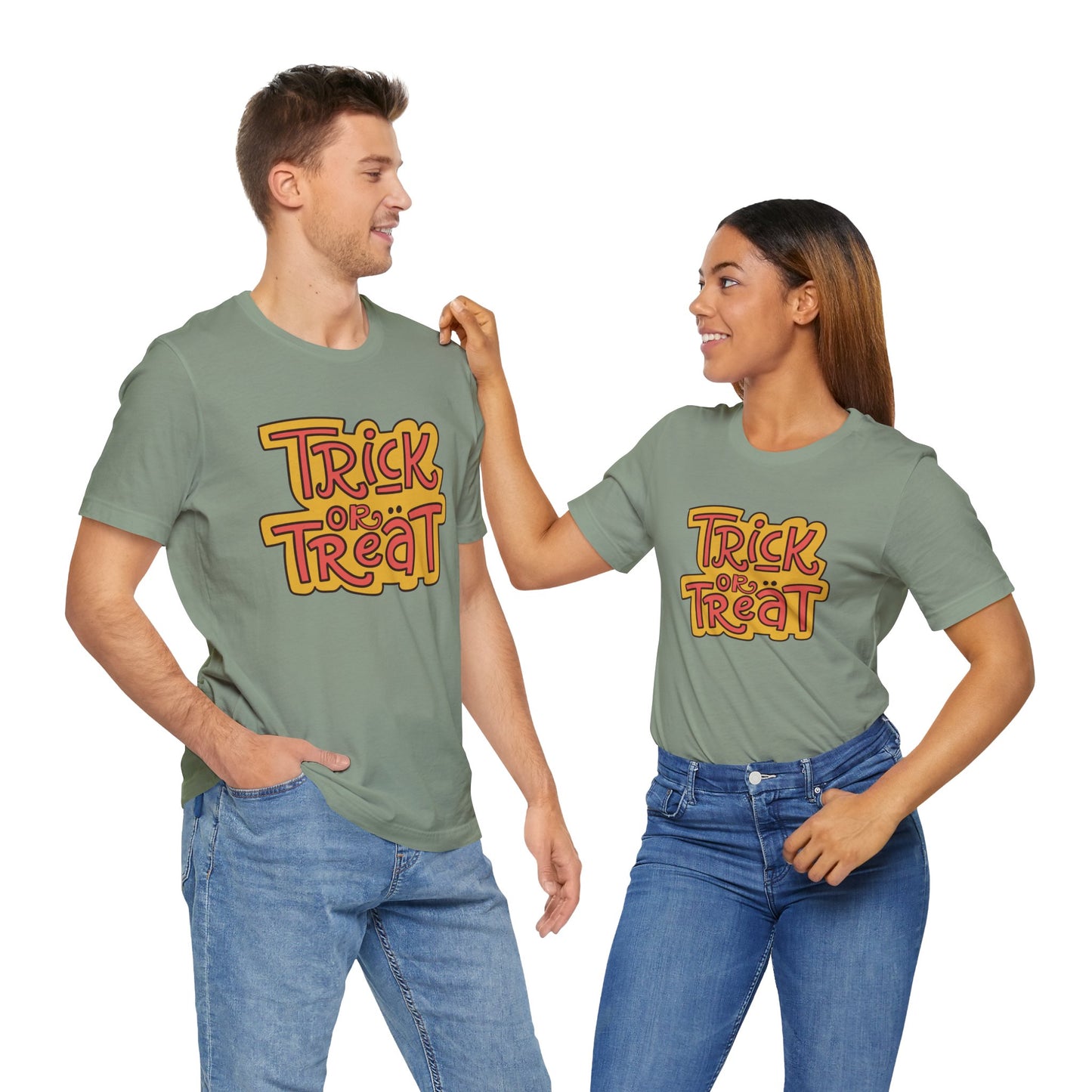 Halloween Trick or Treat Tee, Jersey Short Sleeve Tee, Fall Fashion, Halloween Party Shirt, Casual Wear, Spooky Season Tee