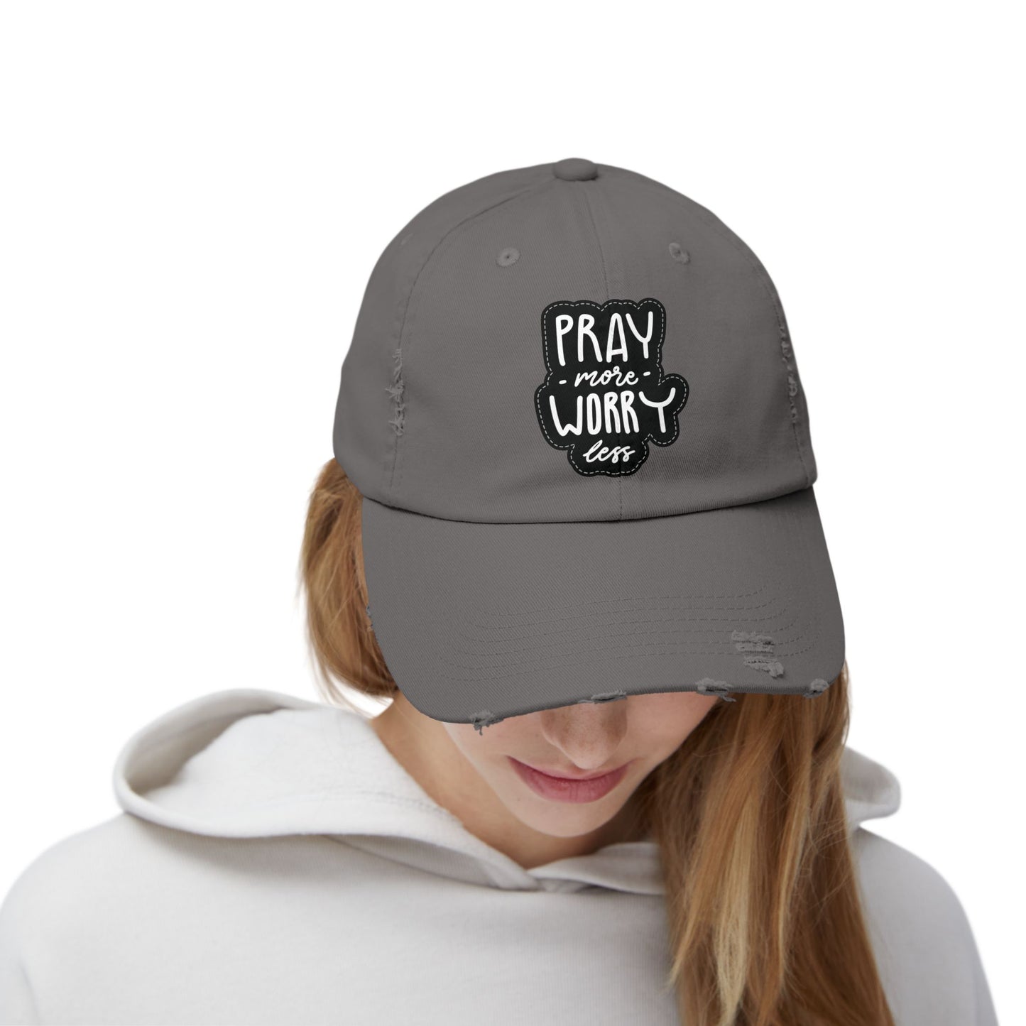 Unisex Distressed Cap - "Pray More Worry Less" Inspirational Hat