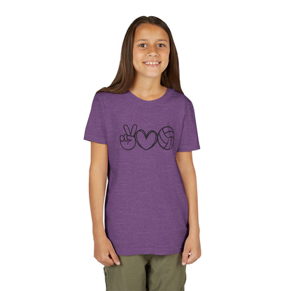 Youth Volleyball Peace Love Tee, Kids Sports Shirt, Fun Gift for Athletes, Summer Camp Apparel