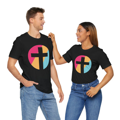Faith-Inspired Unisex Short Sleeve Tee with Colorful Cross Design