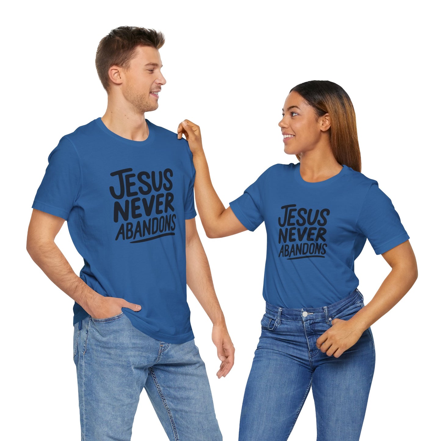 Inspirational Christian Tee - 'Jesus Never Abandons' Unisex Jersey Short Sleeve Shirt