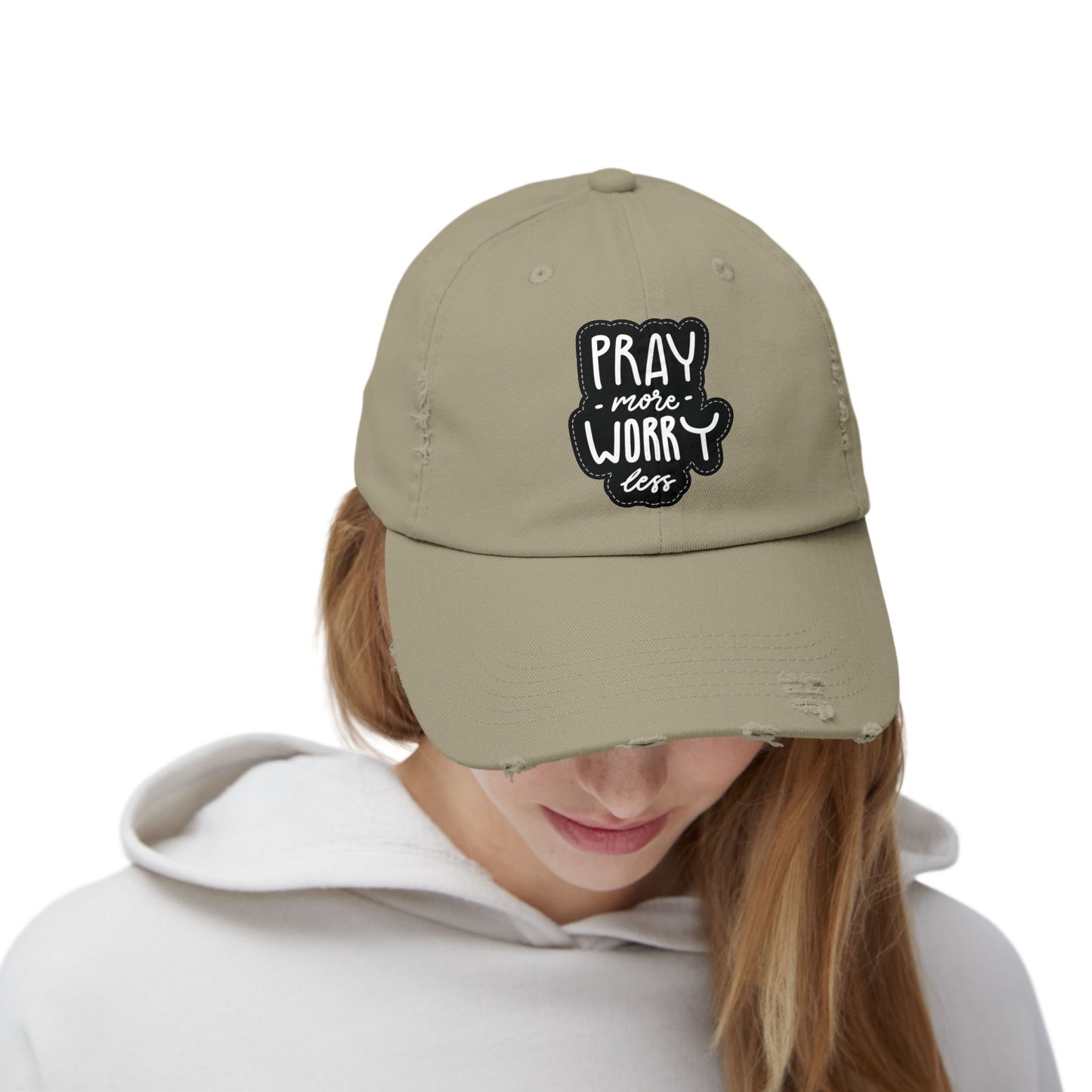 Unisex Distressed Cap - "Pray More Worry Less" Inspirational Hat